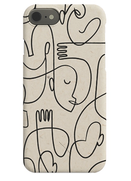  – iPhone-Hülle mit einem abstrakten Design aus Gesichtern in schwarzer Line-Art auf beigem Hintergrund