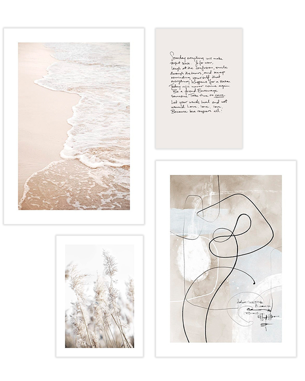 – Posterset-Kollektion mit beiger Line Art, Typografie und beigem Strand