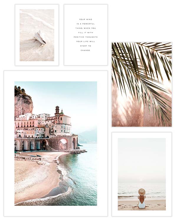– Tropische Palmblätter und farbenfrohes Strand-Posterset