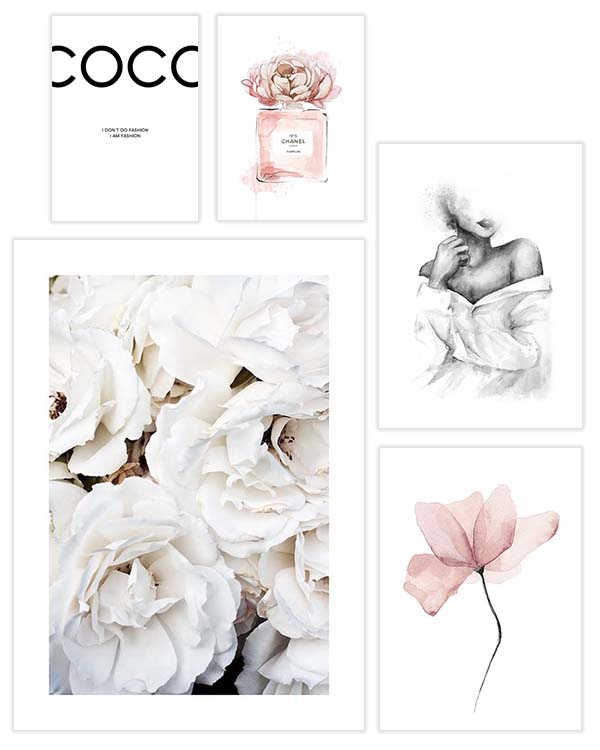 – Modeillustrationen, Zitate und Blumen in Pink und Weiß