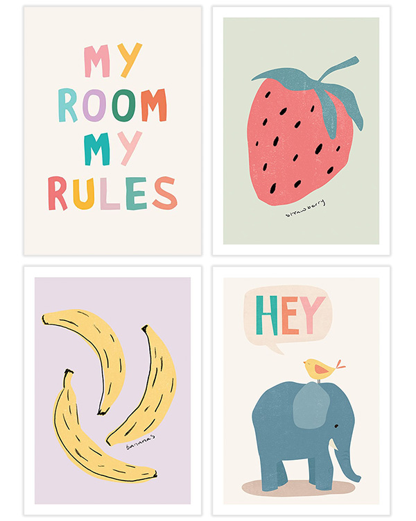 – Posterpack bestehend aus bunten Kinderillustrationen von Früchten, Tieren und Zitaten