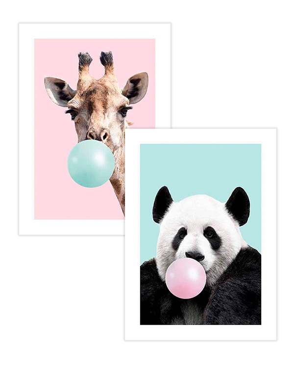 – Rosa und türkisfarbene Giraffen- und Pandafotografie