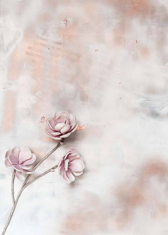 - Stilreines Poster mit pinken Blüten vor einem Betonhintergrund.