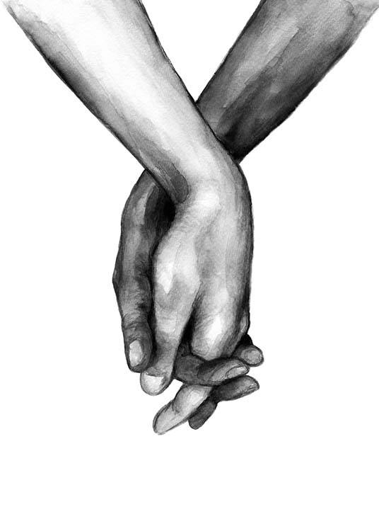 – Aquarell-Illustration in Schwarz-weiß, die zwei sich haltende Hände zeigt