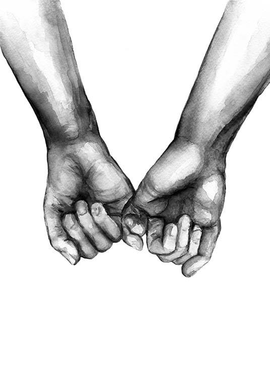  – Aquarell-Illustration in Schwarz-weiß mit zwei Händen, die ihre kleinen Finger einhaken