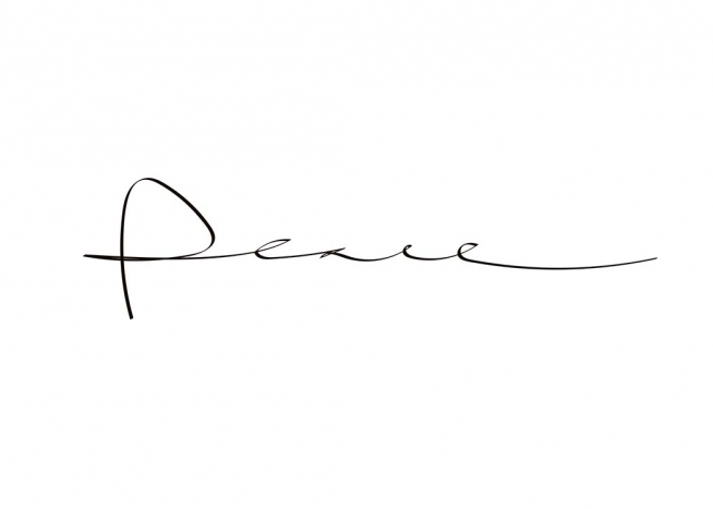  - Stilvolles und modernes Poster mit dem Wort ''Peace'' in Handschrift auf weißem Hintergrund.