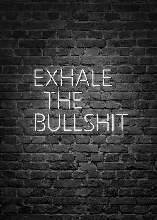  - schwarzweißes Neonposter mit dem Spruch ''Exhale the bullshit'' vor einer Ziegelwand.