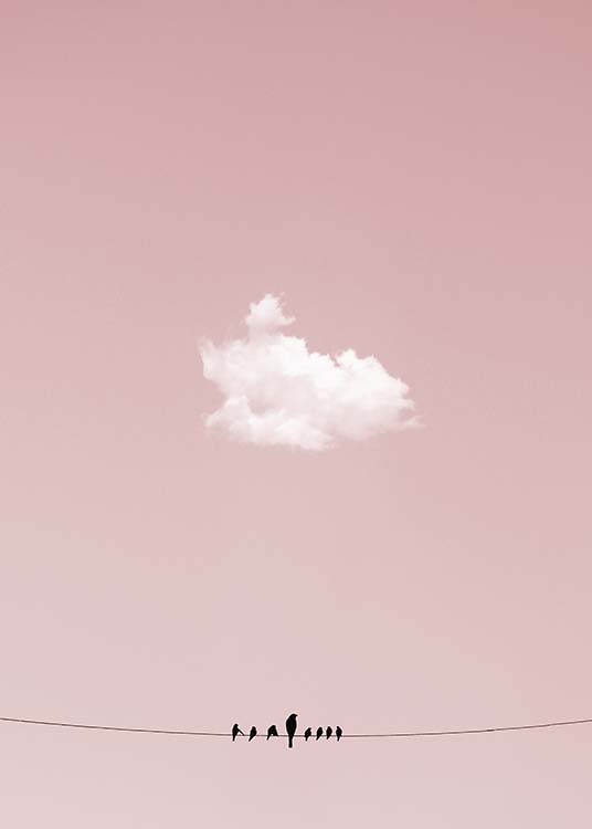  - Stilvolles Fotoposter mit Vögel auf einer Stromleitung sitzend und einem pinken Himmel im Hintergrund.