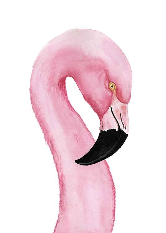 - Tierposter mit dem portrait eines pinken Flamingos mit Wasserfarben gezeichnet und einem weißem Hintergrund.