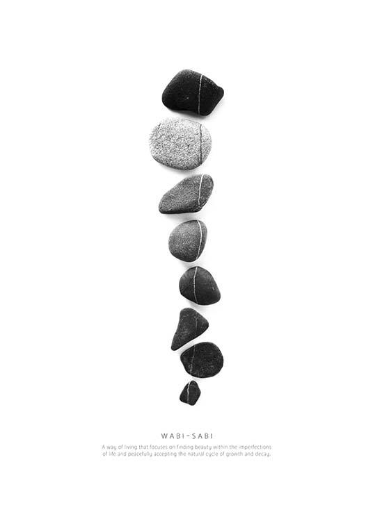  - Schwarzweißes Kunstposter mit einer Anordnung von Kieselsteinen in verschiedenen Formen.