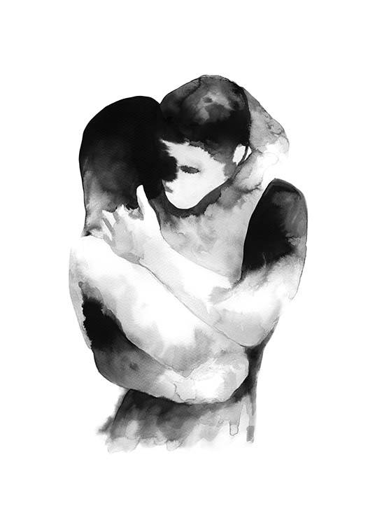  - kunstvolle Tintenzeichnung eines sich umarmenden Paares in schwarzweiß.