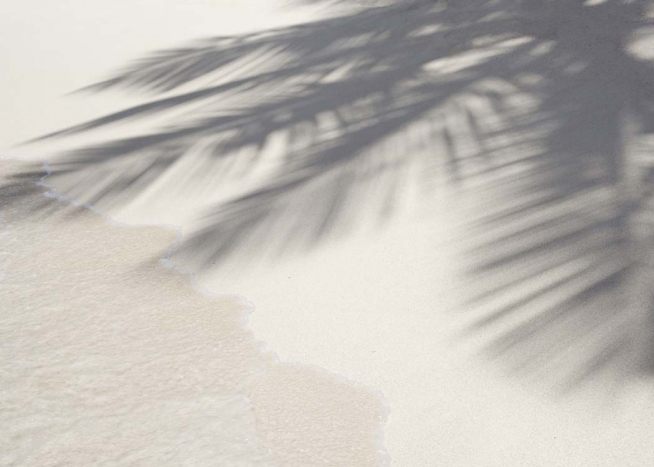  - Entspannedes Fotoposter mit einem Schatten einer Palme an einem weißen Strand.