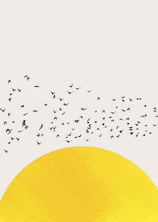  – Grafische Illustration, die einen gelben Halbkreis und einen Vogelschwarm vor einem beigen Hintergrund zeigt