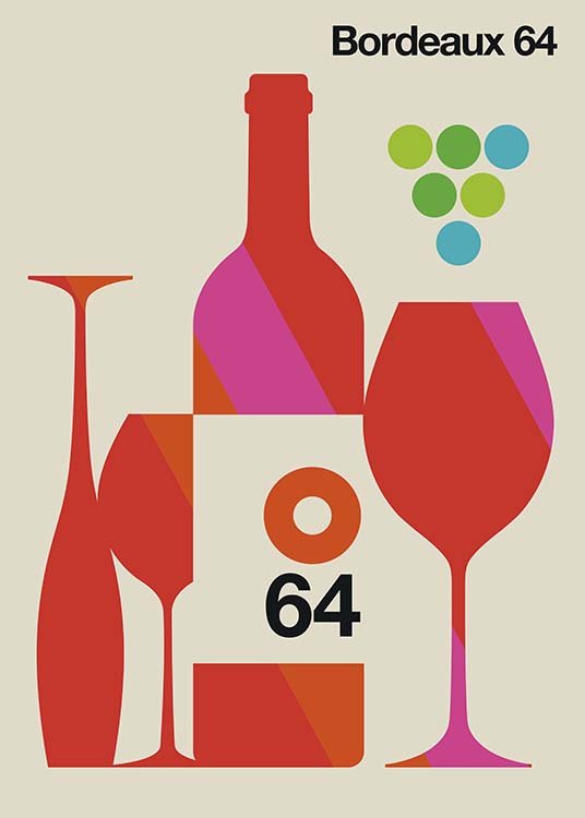 - Kunstvolles Grafikposter mit einer Bordeaux 64Weinflasche und verschiedenen Weingläsern