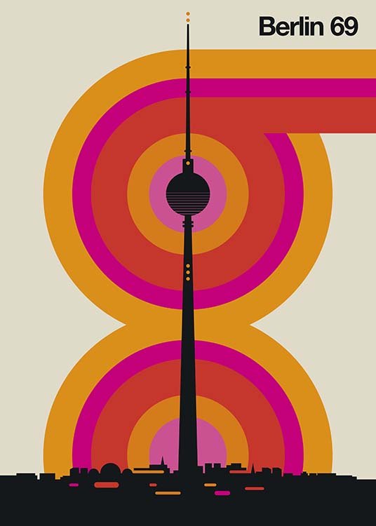  - Modernes Grafikposter mit einem Stadmotiv Berlins und dem Berliner Fernsehturm.