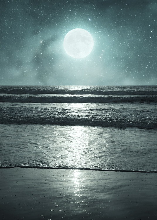  - Fotografieposter einer tropischen Nacht am Meer mit hellem Vollmond und funkelnden Sternen.