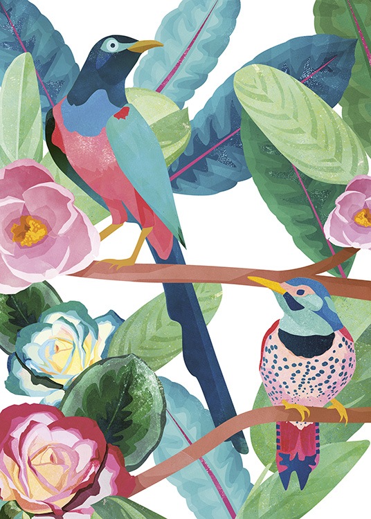  - Poster mit handgemaltem Motiv von zwei bunten Vögeln mitten im paradiesischem Urwald.