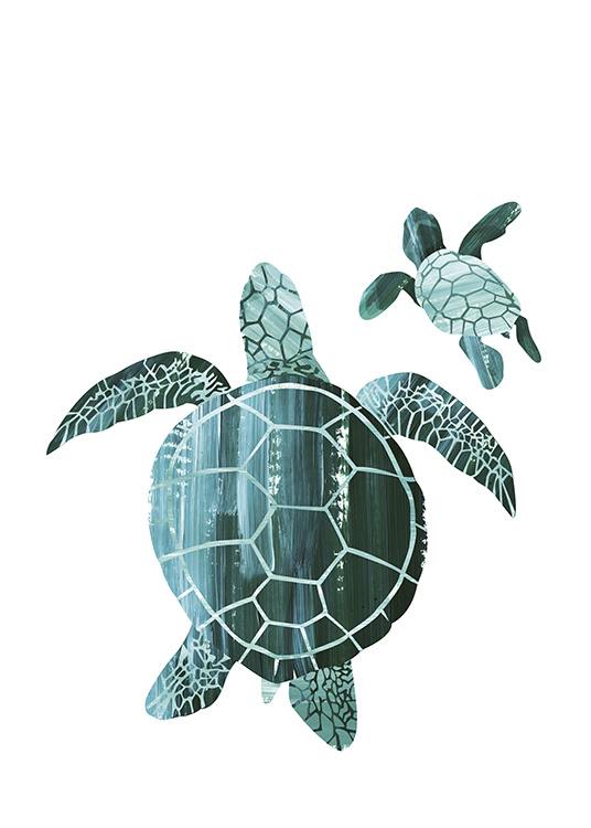  - Modernes Tierposter mit zwei Schildkröten in dunkelgrüner Farbe vor weißem Hintergrund