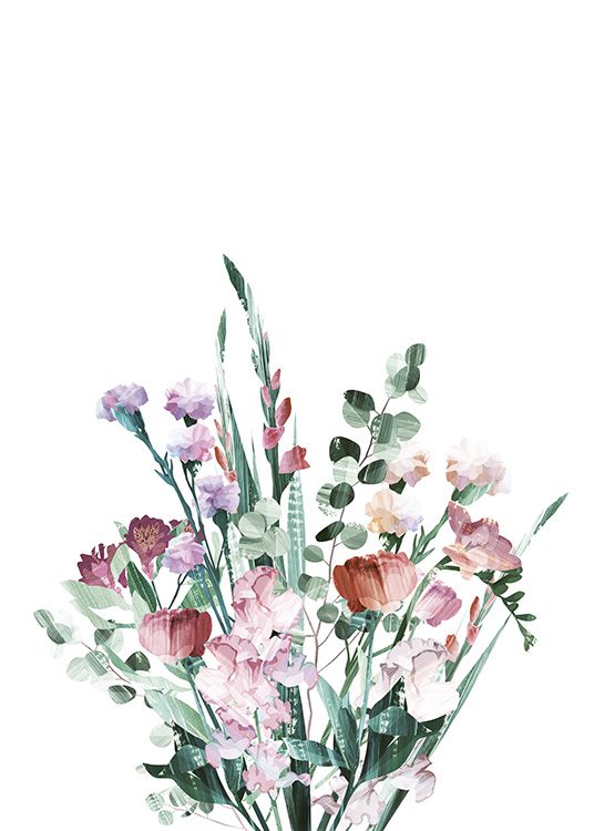  - Schlichtes Poster mit einer Grafik eines bunten Blumenstraußes mit einem weißen Hintergrund.