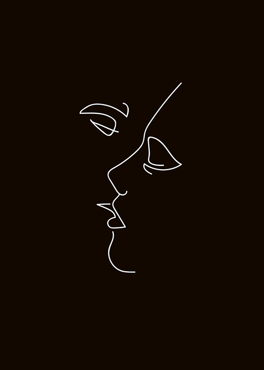  - Minimalistisches Poster mit einer weißen Zeichnung auf schwarzem Untergrund mit einem sich küssenden Paars.