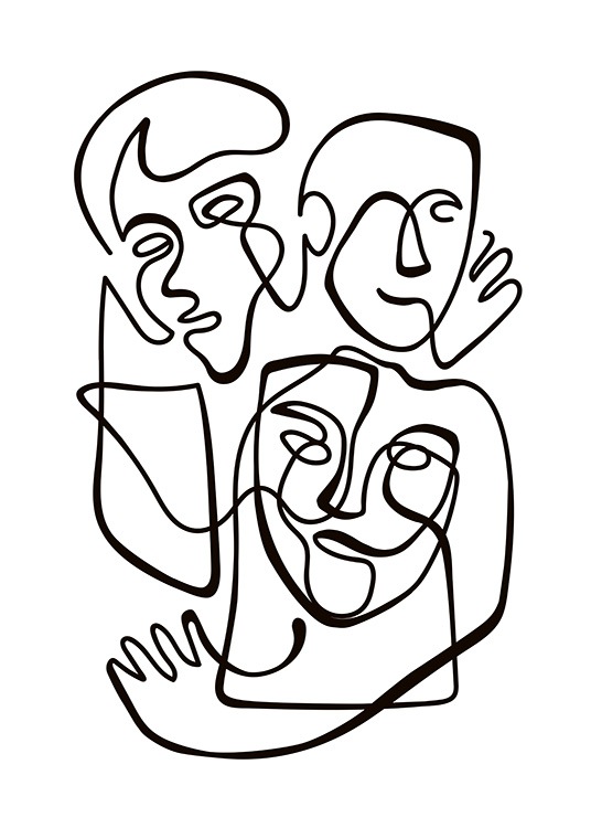  - Abstraktes Kunstposter mit einem schwarzweißen Linienportrait dreier Personen.