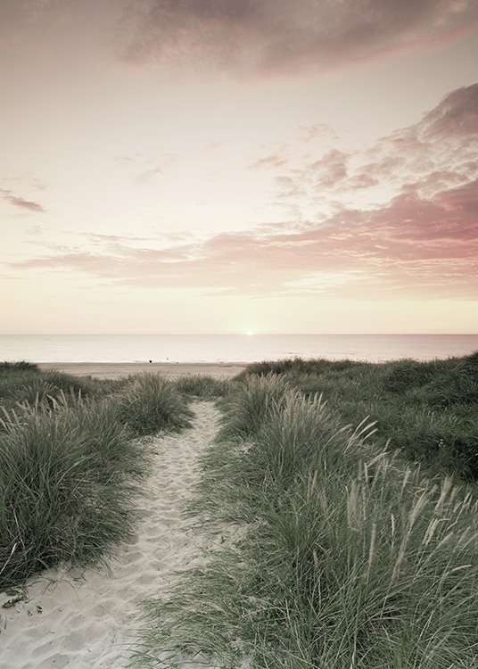  - Melanchonisches Strandposter mit einem rosaroten Sonneuntergang.