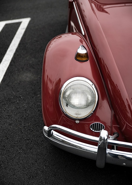  - Vintageposter eines alten rotfarbenen VW Käfers.