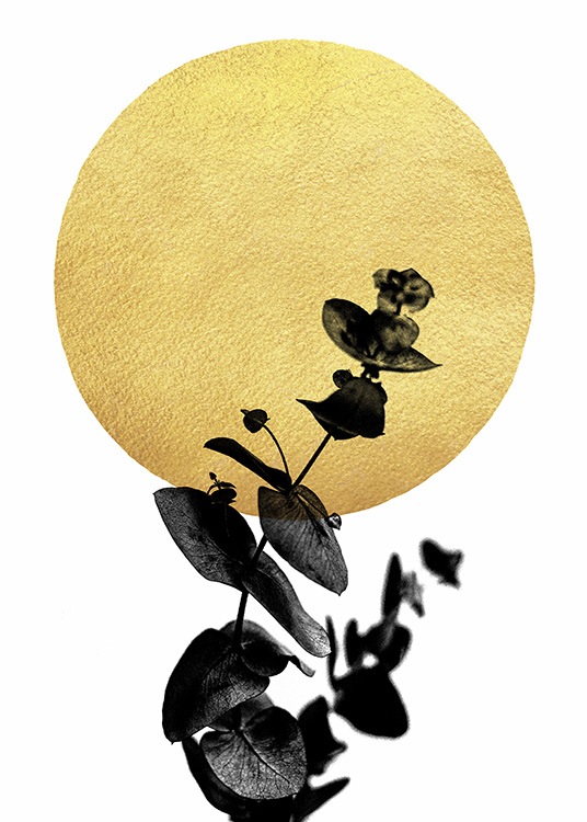  - Abstraktes Kunstposter mit einer schwarzgefärbten Pflanze vor einem goldenen Kreis und weißem Hintergrund