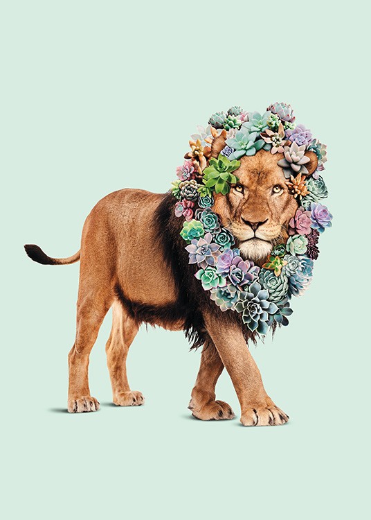  - Fotografieposter eines starken Löwens mit einer bunten Blumenmähne