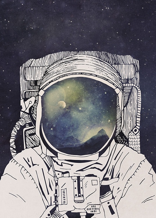 - Grafikposter eines Astronauten im Weltraum.