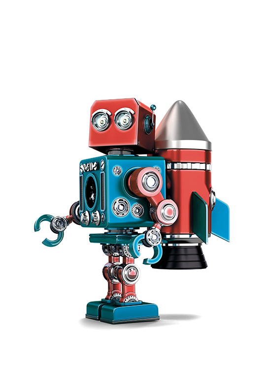  - Kinderposter mit dem Motiv eines alten Roboters, der eine Rakete auf dem Rücken trägt.