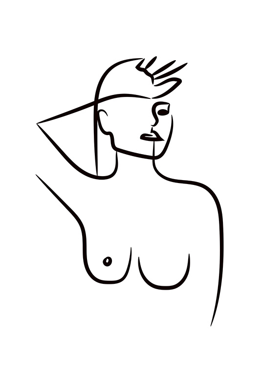  - Minimalistische Illustration einer Frau mit naktem Oberkörper in Tinte gezeichnet.