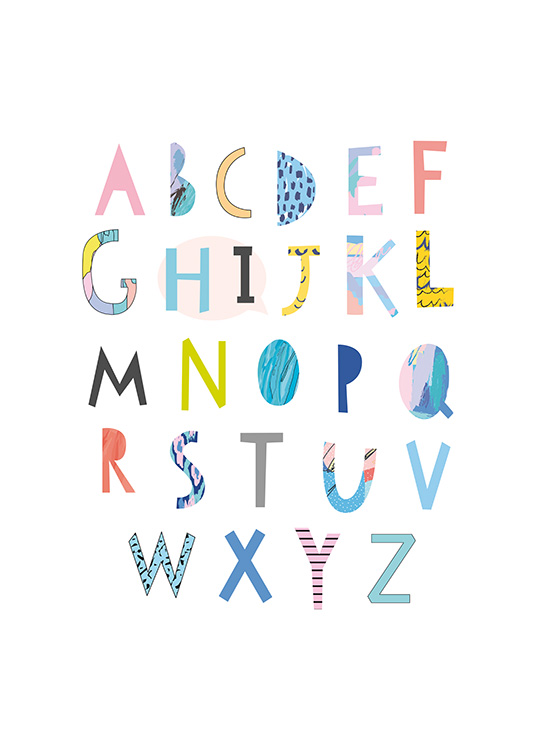 - Poster mit dem Alphabet in bunten Buchstaben, ausgeschnitten aus Papier auf weißem Hintergrund.