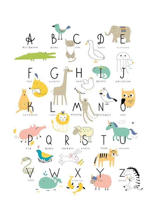 - Poster mit dem Alphabet und Tieren auf weißem Hintergrund.