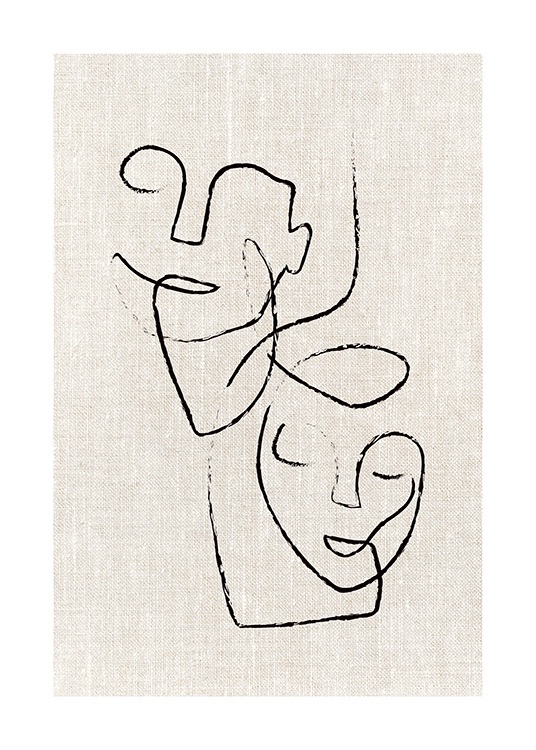  – Illustration mit zwei abstrakten Gesichtern in Schwarz, gezeichnet auf einem Leinenhintergrund in Beige