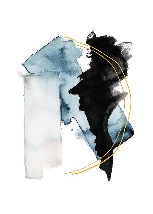  – Aquarell-Illustration mit abstrakten Formen in Schwarz und Blau mit zwei goldenen Linien