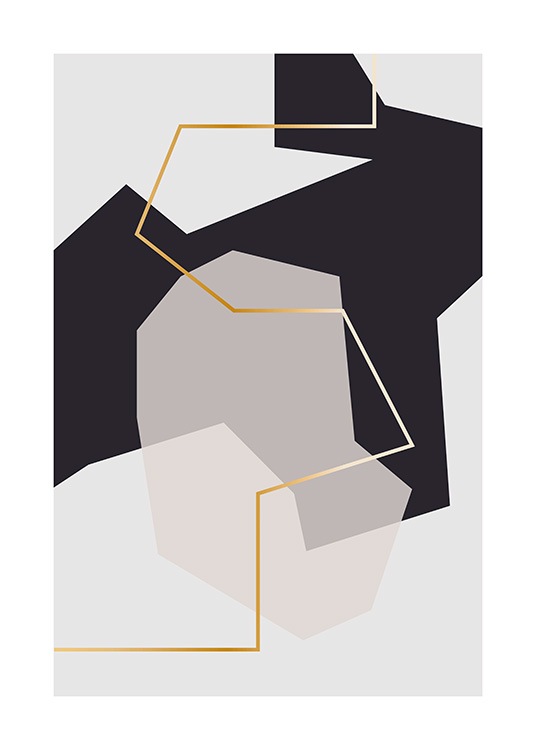  – Grafische Illustration mit abstrakten Formen in Grau und Schwarz mit einer goldenen Linie in der Mitte