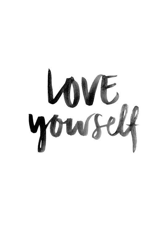 – „Love yourself“ in handgeschriebener grauer Aquarellfarbe auf weißem Hintergrund.
