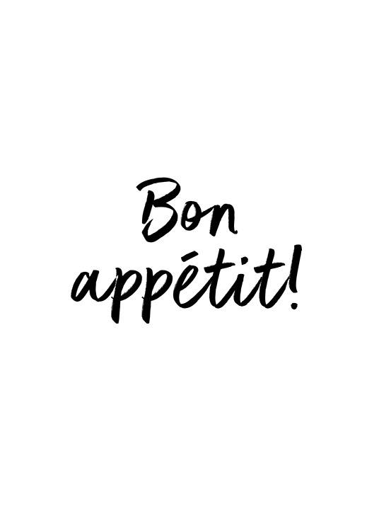 – Poster mit dem Text „Bon appétit!“ in schwarzer Schrift auf weißem Hintergrund.