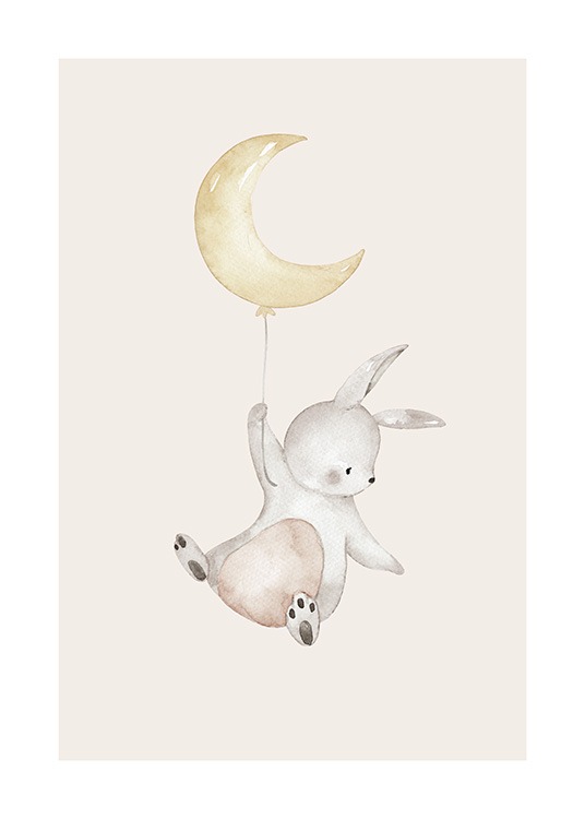  – Süße Illustration eines fliegenden Hasen, der einen Ballon in Mondform hält