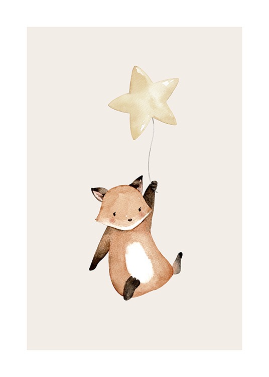  – Süße Illustration eines fliegenden Fuchses, der einen Ballon in Sternform hält