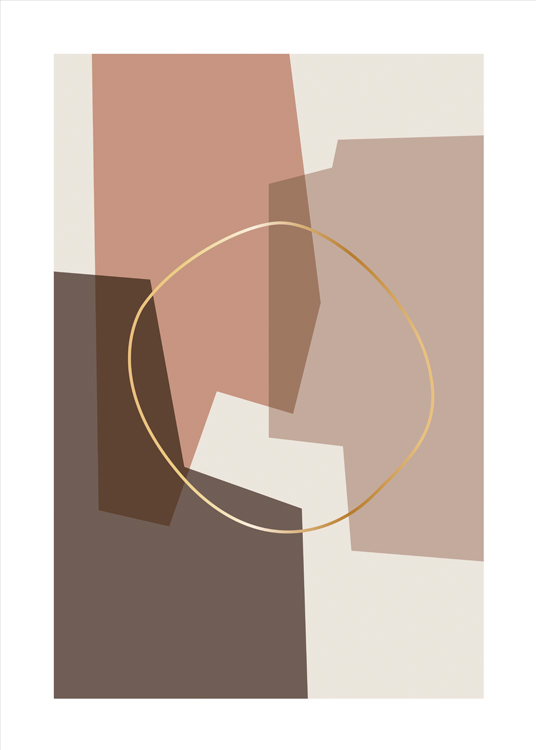 – Grafische Illustration eines goldenen Kreises über abstrakten Formen in Beige und Hellrot