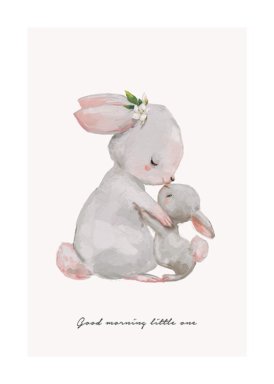 Illustriertes Kinderposter: Hasenmama gibt ihrem Hasenkind einen Guten-Morgen-Kuss