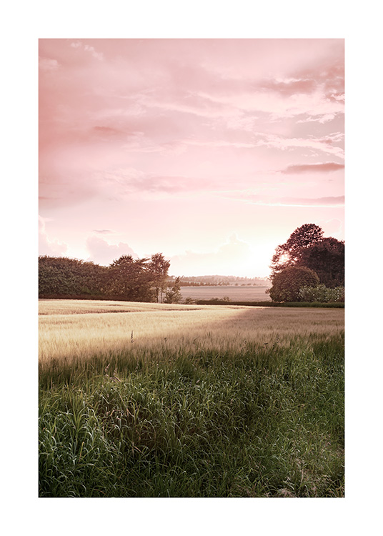 Naturposter einer ländlichen Landschaft im Sonnenuntergang mit rosa Himmel im Hintergrund