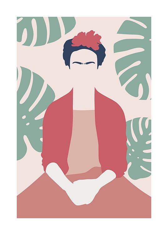 Grafische Illustration von Frida Kahlo, dir rot gekleidet vor Monstera-Blättern sitzt