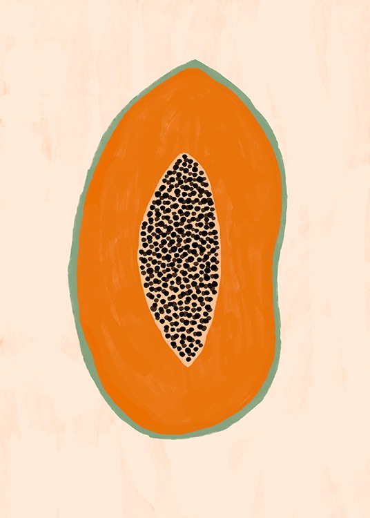 Grafische Kunst mit der Illustration einer Papaya auf hellorangem Hintergrund