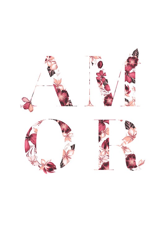  - Textposter, auf dem die Buchstaben des Wortes „Amor“ aus Blumen geformt sind, vor weißem Hintergrund
