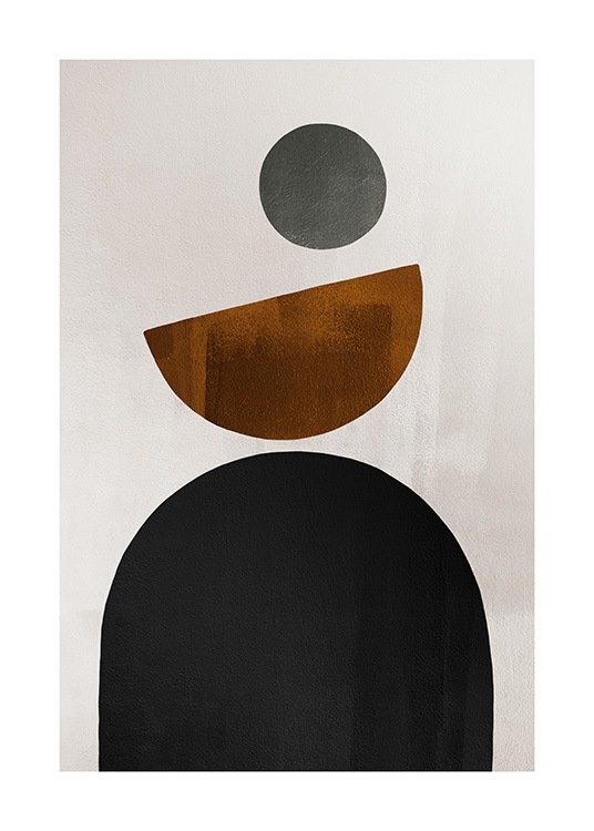  – Illustration in Schwarz, Braun und Grau mit geometrischen Formen auf beigem Hintergrund