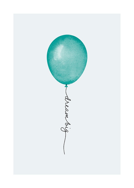  - Illustration eines grünen Ballons mit grauem Hintergrund, die Ballonschnur ergibt „Dream big“