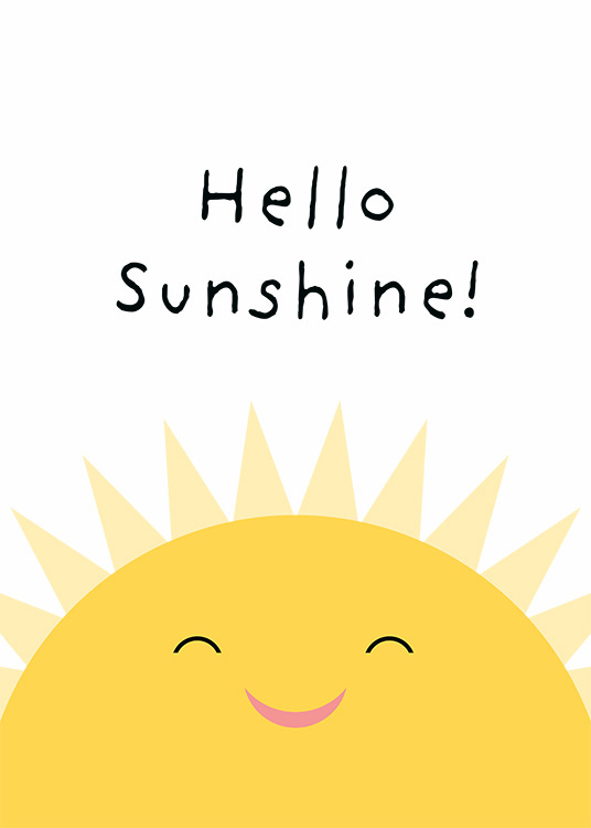  - Grafische Illustration einer lächelnden Sonne, über die der Text „Hello Sunshine“ geschrieben ist